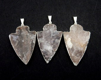 Rough Cut Large Natural Crystal Quartz Arrowhead Pendant Electroplated Silver Edge  (S83B10-01)