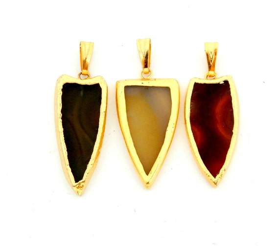 Natural Agate Arrowhead Pendant With Electroplated 24k Gold Edge