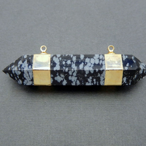 Snowflake Jasper Double Terminated Point Pendant -- Double Bail Pendant Connector with 24k Gold Electroplated  Edge and Bails (S35B3b-08)