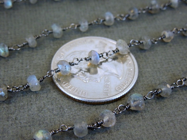 Labrodorite Wire-Wrapped Chain- CHN-306 Rosary style Black Polish Sterling Silver Chain- 10 FEET