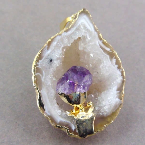 Druzy Geode Half with Gold Amethyst Quartz Pendant ready to put on chain GHP (S20B8-06)