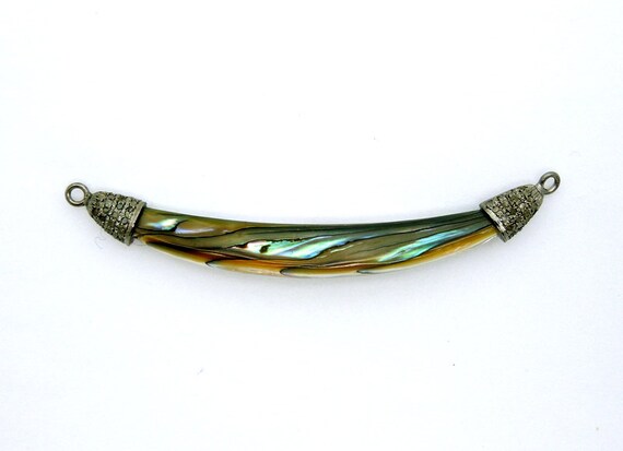 Pave Diamond Abalone Shell Sideways Horn Pendant with Oxidized Sterling Silver and Pave Diamond Caps (EX5-01)