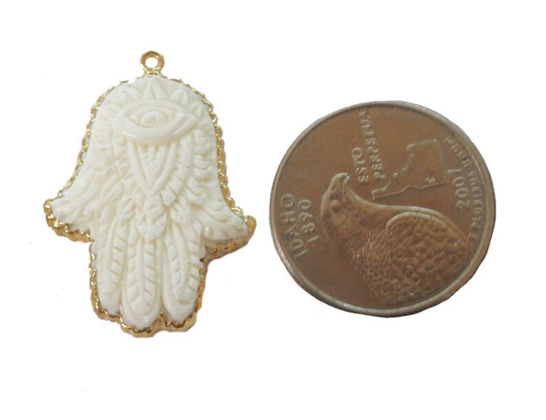 White Bone Hamsa Hand Pendant with Intricate Carved Designed and Electroplated 24k Gold or Silver Edge S28B10-08 Hamsa Hand S98B16-10