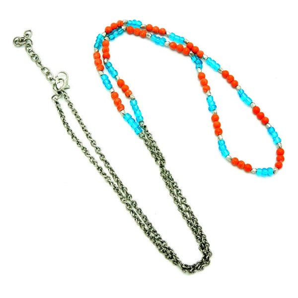 Tibetaanse antiekzilveren kralenketting -- Afgewerkte kraal van 31" koraal en blauw en een kraal van 4 mm met karabijnsluiting (S33B5-02)