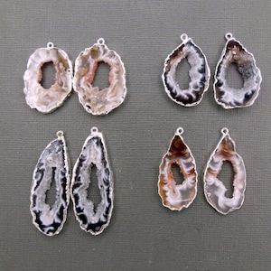 Agate Pendants-- Agate Druzy Slice Charms Pendants with Silver Electroplated Edges - 1 PAIR (S18B10-01)