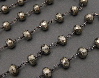 Pyrite on Oxidized Sterling Silver Wire Wrapped Chain larger 6-7mm beads --  ONE FOOT (CHN-507)