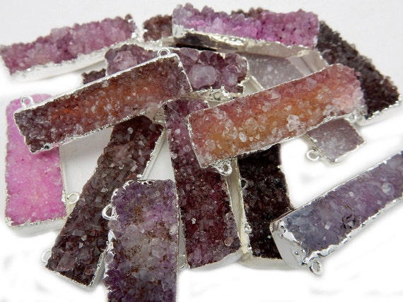 Pink Druzy Rectangle Bar Double Bail Connector Pendant With