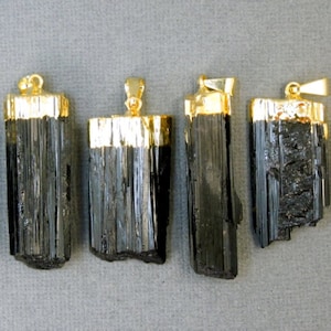 Black Tourmaline Pendant Raw Black Tourmaline Stone Rod with Gold Electroplated Cap S24B14-01 image 1