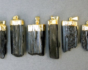Black Tourmaline Pendant - Raw Black Tourmaline Stone Rod with Gold Electroplated Cap (S24B14-01)