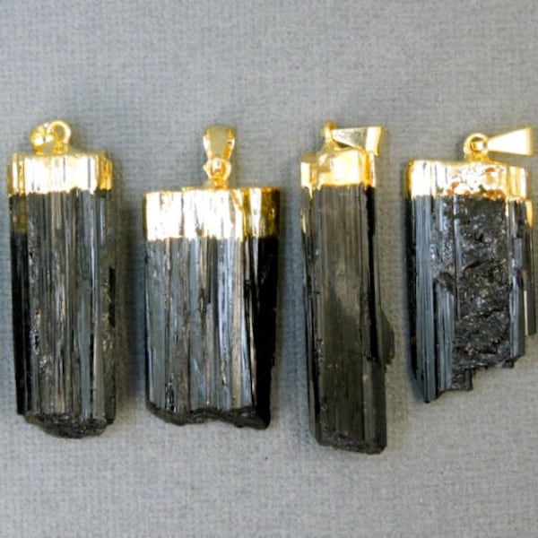 Black Tourmaline Pendant - Raw Black Tourmaline Stone Rod with Gold Electroplated Cap (S24B14-01)