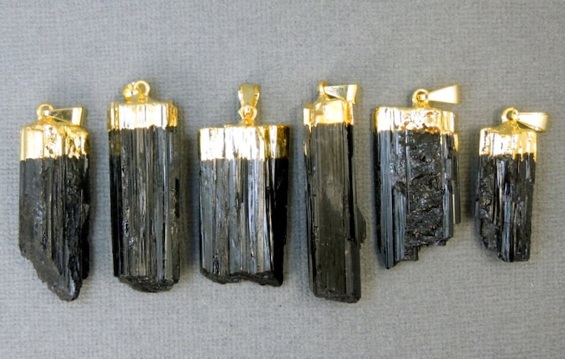 Black Tourmaline Pendant Raw Black Tourmaline Stone Rod with Gold Electroplated Cap S24B14-01 image 1
