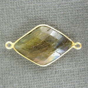 May include: Gold-toned pendant featuring a faceted, iridescent labradorite gemstone in a diamond shape. The pendant has two jump rings for attaching to a chain or cord.