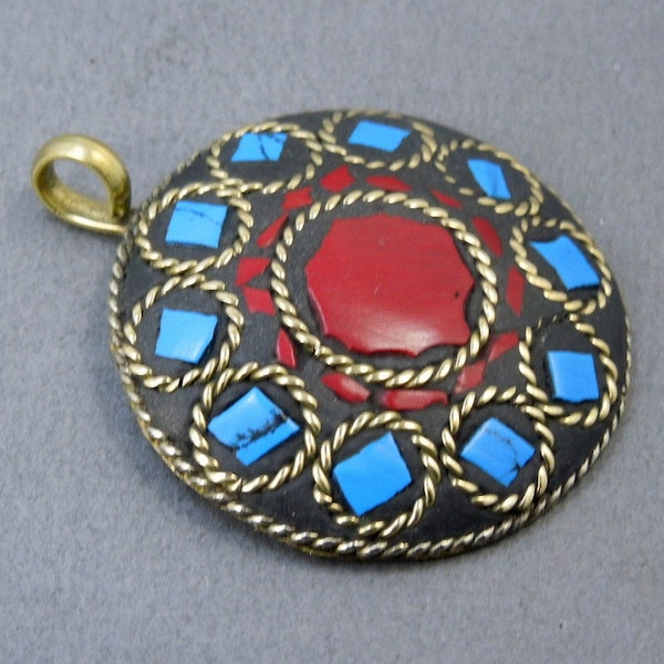 Round Tibetan Pendant - Tibetan Brass with Red Coral and Turquoise Mosaic Round Pendant (S62B2-04)