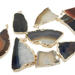 Black/Brown/White Agate Slice Pendant with Electroplated 24k Gold Edge and Bail FFAP (S98B2-07)