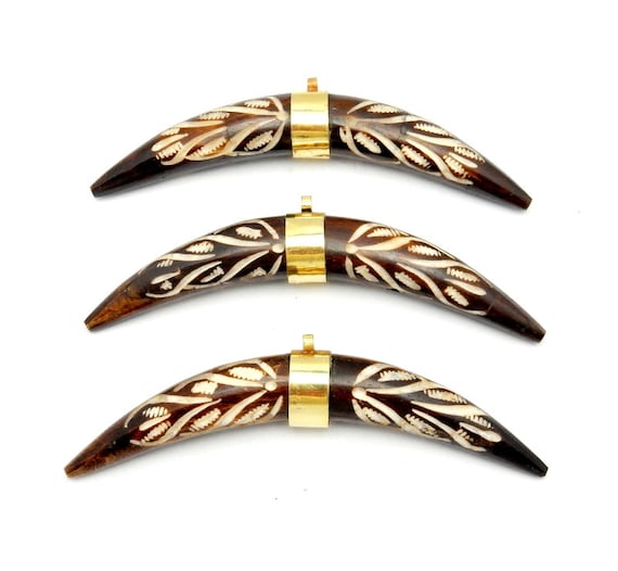 Brown Bone Carved Sideways Horn Pendant With Carved Leaf Accents and Brass Band (S58B1)