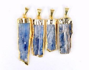 Blue Kyanite Bar Pendant with Electroplated 24k Gold Cap and Bail and Edge (S14B2-07)