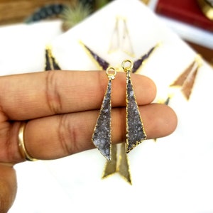 Druzy Triangle Charms Pendants pair with 24k Gold Electroplated Edges-- ONE PAIR Electroplated 24k Gold Quartz Druzy Pendants(G-808)