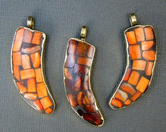 Brass Horn Mosaic Pendant-- Orange (S22B11-02)