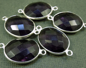 Gemstone Connector- Amethyst Station Oval Connector - 20mm x 15mm Silver Layered Bezel Link - Double Bail Charm Pendant (WA-19)