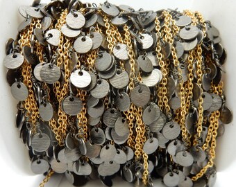 Gold Plated Chain with Dangling Gun Metal 6mm Coin Charms -- 1 FOOT (CHN-405)