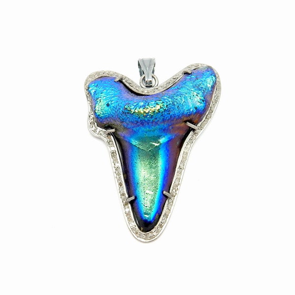 Shark Tooth Mystic Blue Large Shark Tooth Pave Diamond Pendant set in an Oxidized Sterling Silver Bezel with Pave Diamond Bezel (EX15-21B)