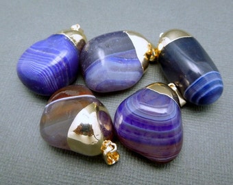 Dark Purple Agate Pendant- Tumbled Purple Agate Pendant with Electroplated 24k Gold Cap and Bail (S25B14-04)