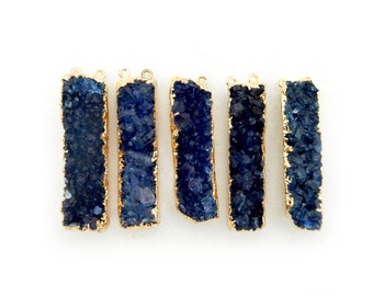 Blue Druzy Rectangle Bar Double Bail Connector Pendant with 24k Gold Electroplated Edges and Bails (S39B14-09)