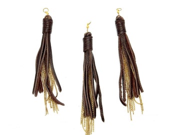 Tassel Pendant-- Leather Strand Tassle with Gold Toned Chain Accents -- Tassel Pendant -- (S5B2)