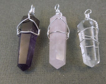 Crystal points Set of three  Amethyst Rose Quartz and Crystal Quartz Wire Wrapped  SAVE when you by all THREE  S11B27