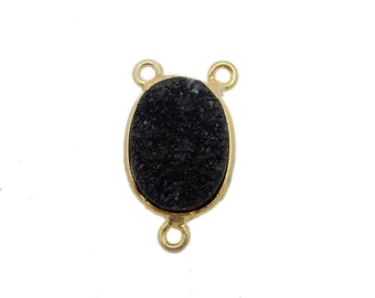 Black Druzy Oval Triple Bail Pendant - 10mm x 14mm - Gold Plated Bezel Connector (DC-087)