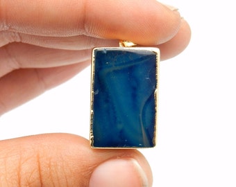 Gold Agate Brick Blue Pendant/Charm with 24k Gold Electroplated Edge -- (S82B2-01)
