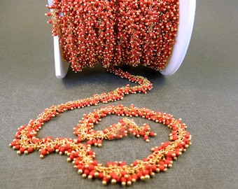 Red Coral Gold Plated Wire Wrapped Chain-- Red Coral Dangle Chain-- by foot (Chn-67)