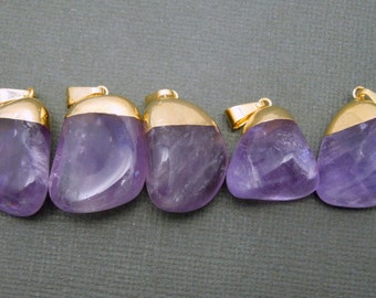 Natural Amethyst Quartz Pendant- Tumbled Amethyst Pendant with Electroplated 24k Gold Cap and Bail (S24B15-11)