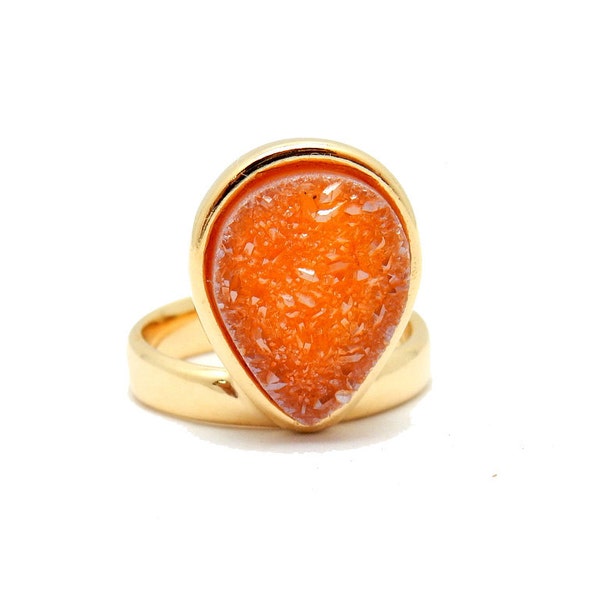 Beautiful Orange Shimmer Teardrop Druzy Gold Plated Ring -- Ring Size 6 (S89B3-03)