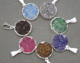 Round Purple Colored Druzy Cluster Pendant with Silver Electroplated Edges (S48b12-15)