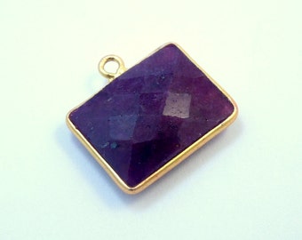 Dyed Ruby Station Rectangle Pendant- 12mm x 16mm Gold over Sterling Bezel Single Bail Charm Pendant (S37B3-14)