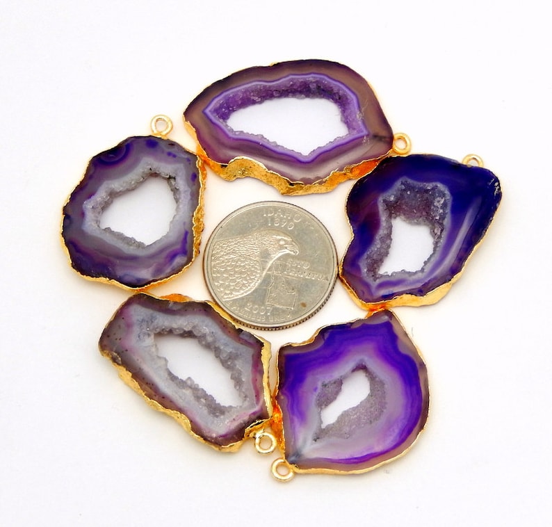 YOU CHooSe AGT-19 Purple Druzy Agate Slice Pendant Electroplated with 24k Gold Edge and Bail