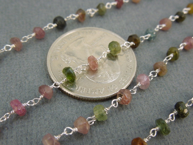 Tourmaline Wire Wrapped Chain 4mm Tourmaline with Sterling Silver Wire Wrap Rosary Style beaded Chain BY FOOT CHN-288