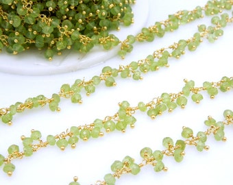 Peridot Wire Wrapped Beaded Dangle Chain - Gold Plated Wire Wrapped Dangling Peridot Bead Chain - PER FOOT (CHN-78)