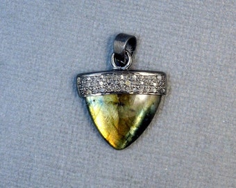 Labradorite Shield Pendant with an Oxidized Sterling Silver and Pave DIAMOND Cap (EX3-03)