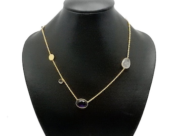 Finished 18" Gemstone Necklace -- Assorted Gemstone Bezel Connector on Gold Plated Chain (S98B7-07)