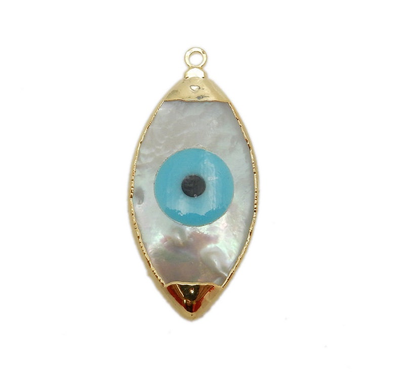 Pearl and Turquoise Howlite Greek Eye Marquise Pendant with Electroplated 24k Gold Cap and Edge S8B12-23
