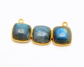 Labradorite Triple Square Pendant Connector - Three 10mm Gold Over Sterling Square Attached Bezels Double Bail Pendant (S34B12-06)