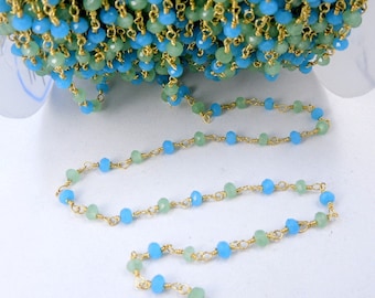 Aqua Blue and Sea Foam Green Chalcedony Wire Wrapped Beaded Chain- Gold Plated Rosary Style Beaded Chain- 3 FEET (CHN-324)