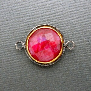 Dyed Ruby Connector Pendant- 17mm Round with Gold and Braided Oxidized Sterling Silver Bezel Double Bail Charm Pendant (S38B10-01)