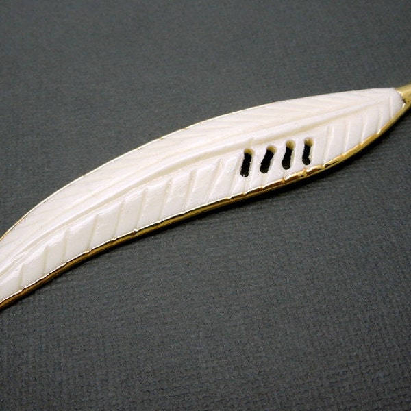 Bone Feather Pendant-- Extra LARGE White Carved Bone Feather Pendant with 24k Gold Electroplated Trim (S35B6-15)