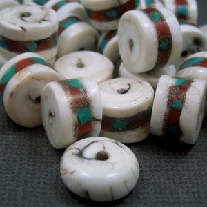 Tibetan Bead made from Conch Shell with Turquoise and Red Copal inlay (S28B6-04)