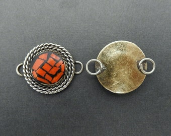 Round Double Bail Red Coral Mosaic Pendant Brass  (S4B5-14)