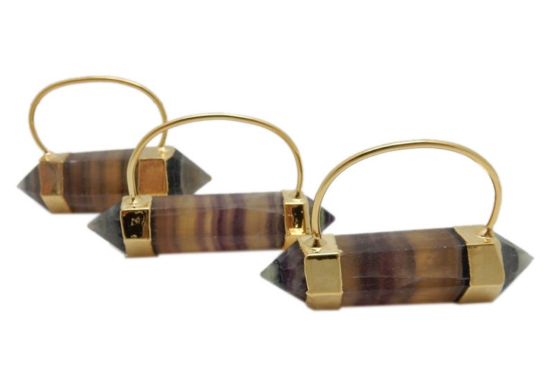 S51B14-05 Fancy Rainbow Fluorite Double Terminated Point Pendant with Electroplated 24k Gold Cap and Bail