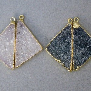Druzy Triangle Charms Pendants pair with 24k Gold Electroplated Edges-- ONE PAIR Electroplated 24k Gold Quartz Druzy Pendants (S18B9-03)